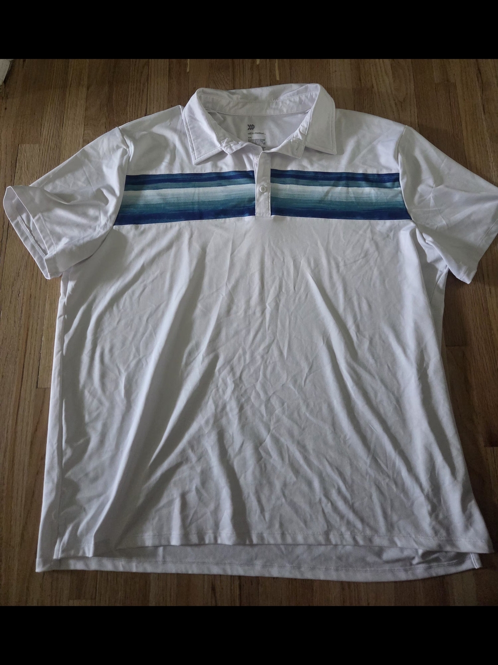 all in motion White Polo with Blue and Teal Chest Stripe